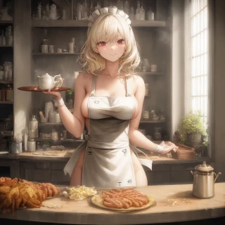 Medium hair, Wavy hair, Indoor, Side boob, Masterpiece, Naked apron